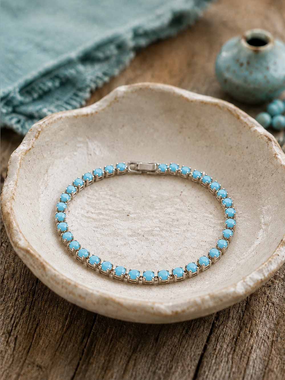 Opaque Turquoise Blue Crystal Tennis Bracelet – Silver Rhodium